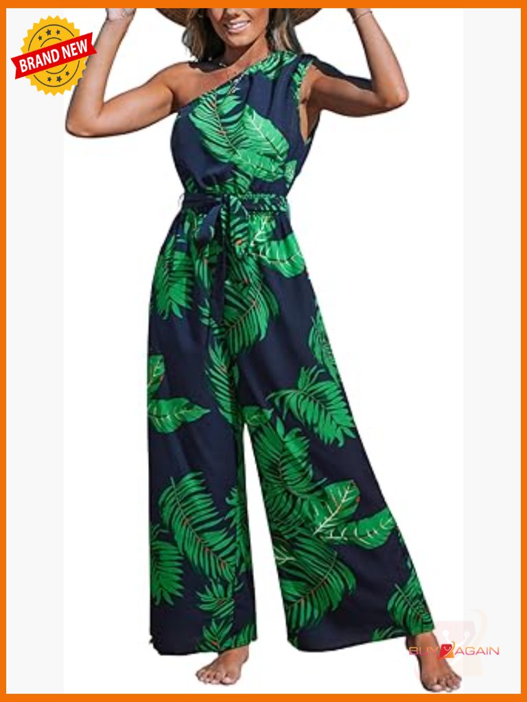 Sleeveless Floral One Shoulder Wide Leg Jumpsuit With Pockets